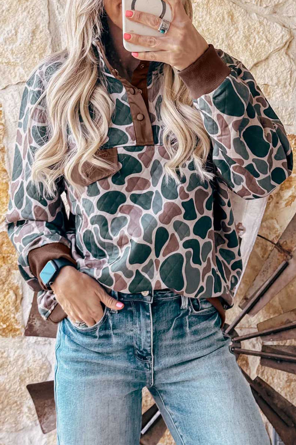 Multicolour Retro Camouflage Pattern Button Sweatshirt