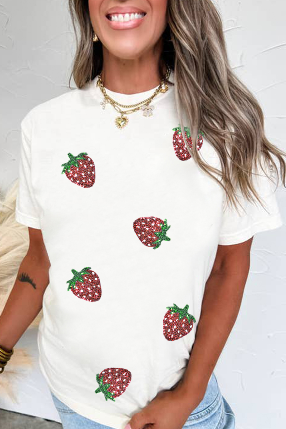 White Sequin Strawberry Patched Crew Neck T-Shirt