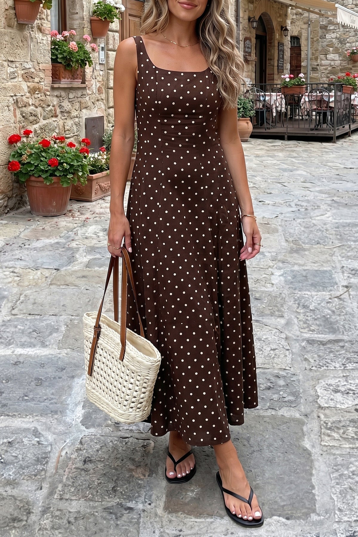 Brown Polka Dot Square-Neck Maxi Dress
