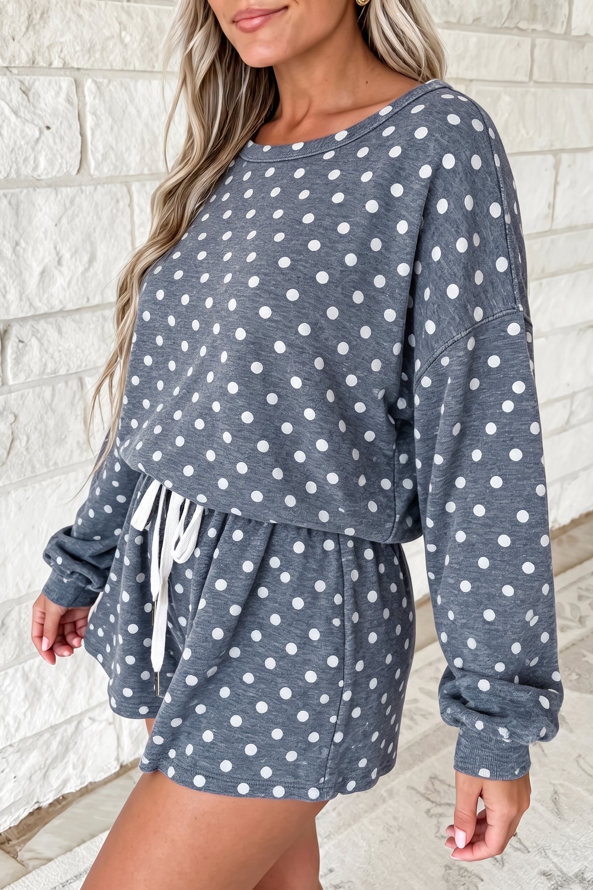 Gray Polka Dot Top and Drawstring Shorts Set