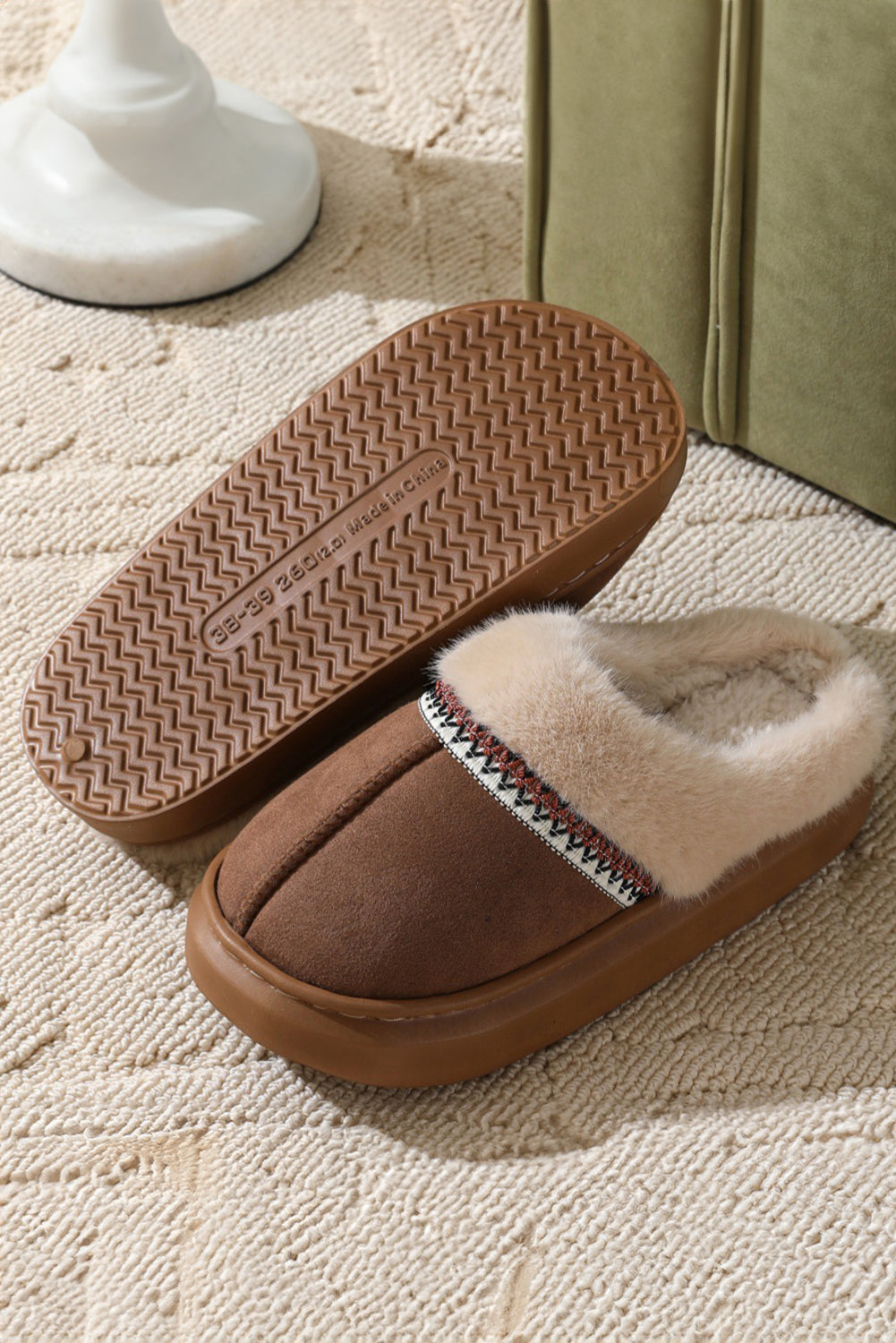 Coffee Western Woven Faux Suede Furry Home Slippers
