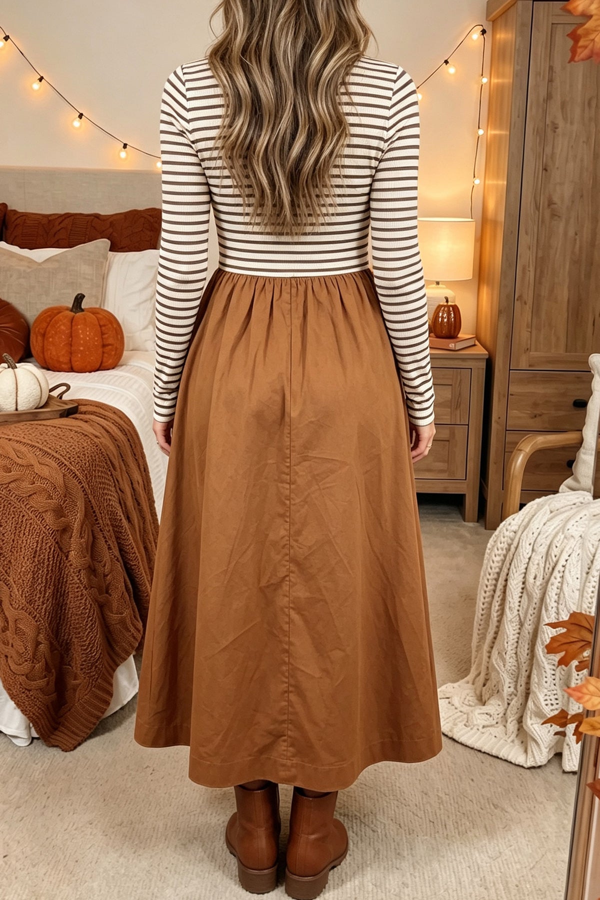 Brown Stripe Ribbed Knit Long Sleeve Bodice Patchwork Flared Dress