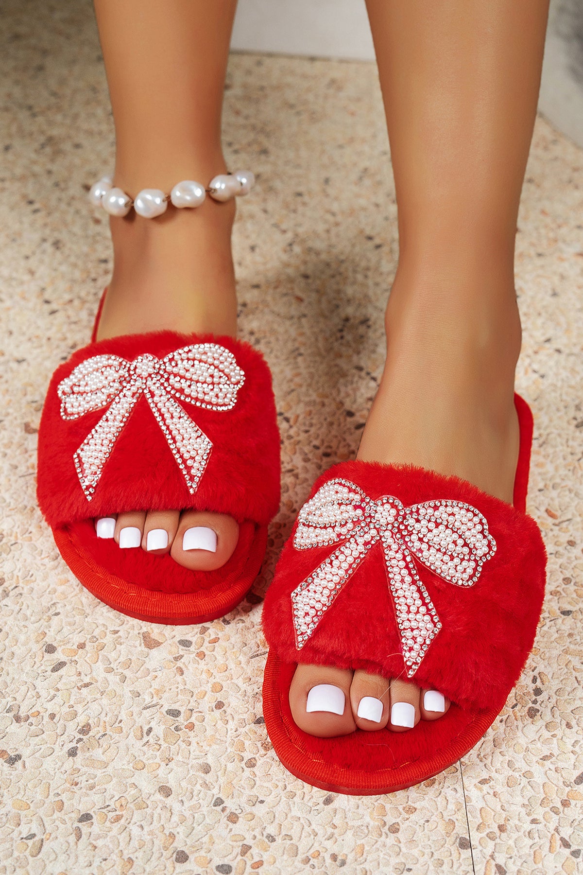 Fiery Red Pearl Rhinestone Embellished Bow Open-Toe Plush Slippers