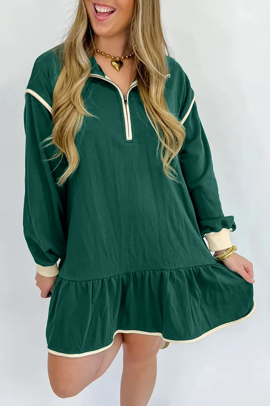Evergreen Zip Collar Long Sleeve Ruffle Hem Mini Dress