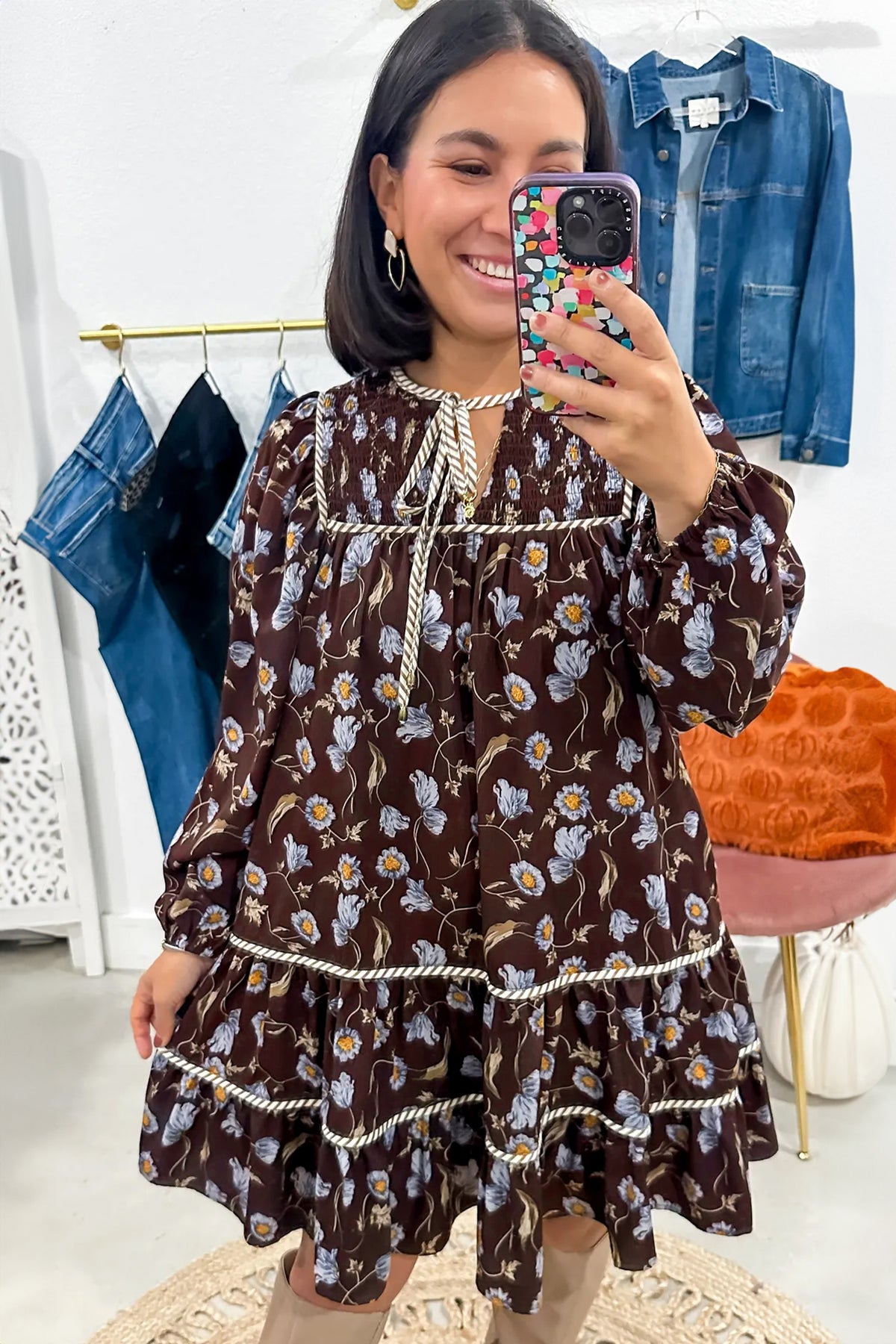 Brown Floral V-Neck Mini Dress