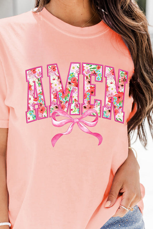 Pink Floral AMEN Bow Graphic Crewneck T-Shirt