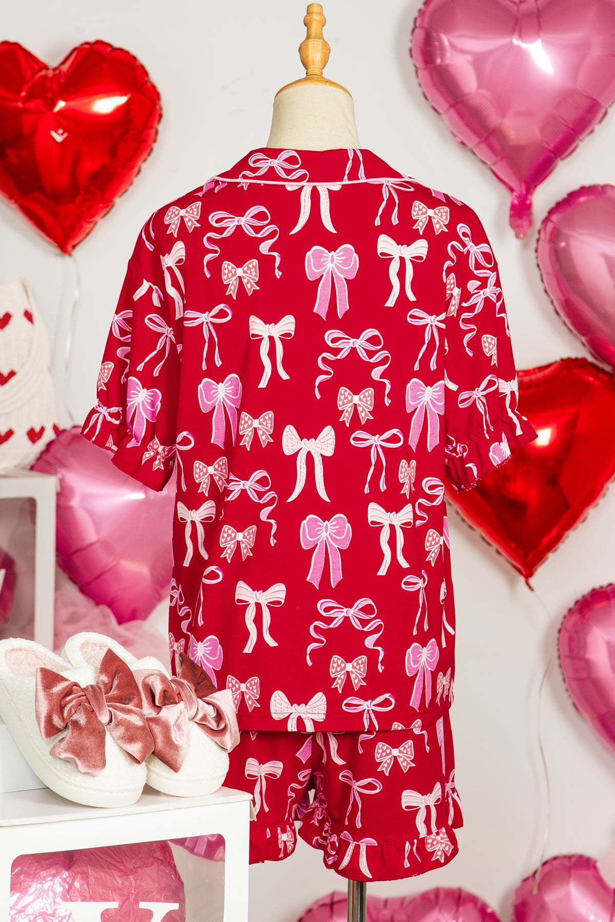 Red Sweet Bow Print Ruffled Short Sleeve Shirt Shorts Pajama Set