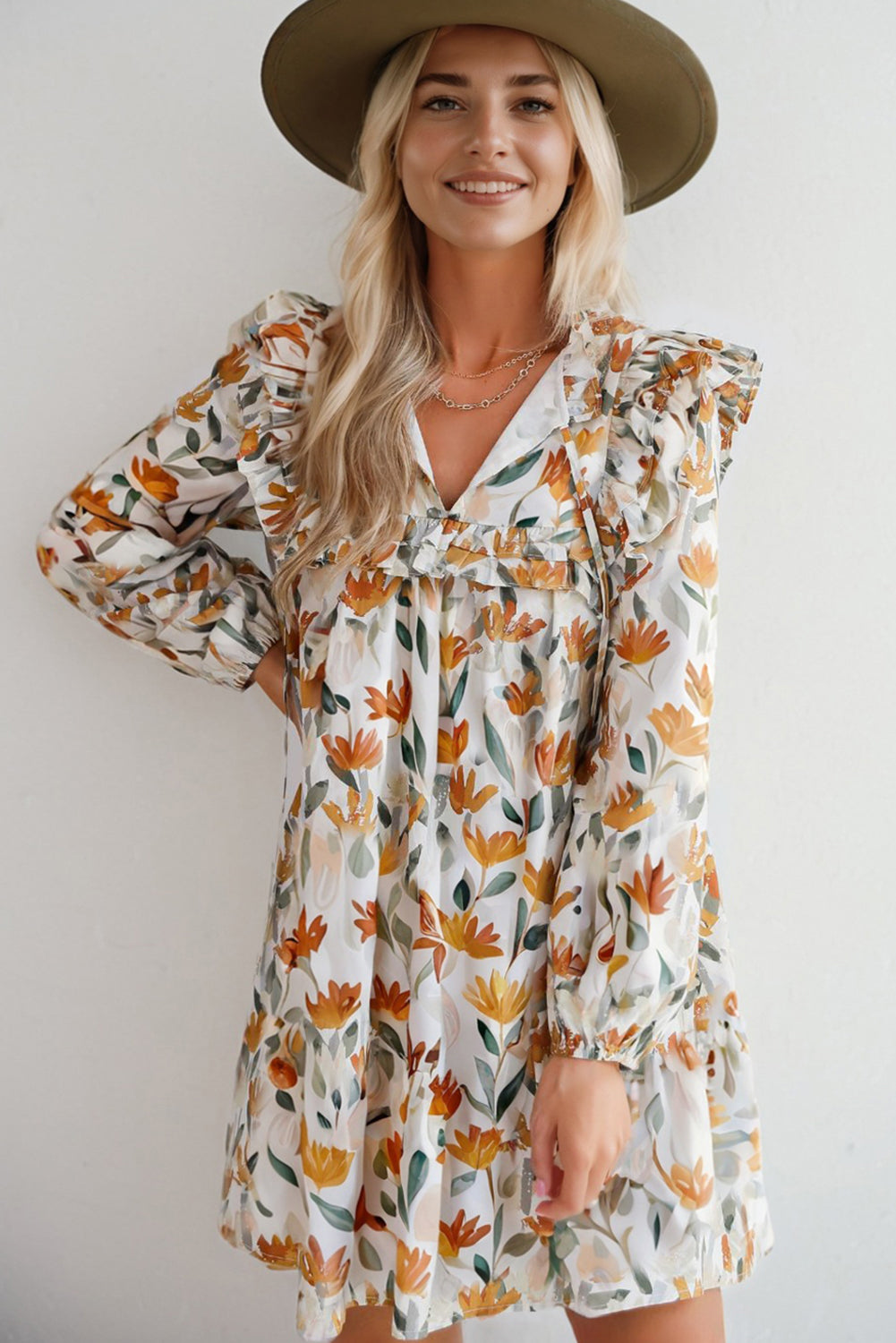 Yellow Floral Print Tie Neck Detail Long Sleeve Mini Dress