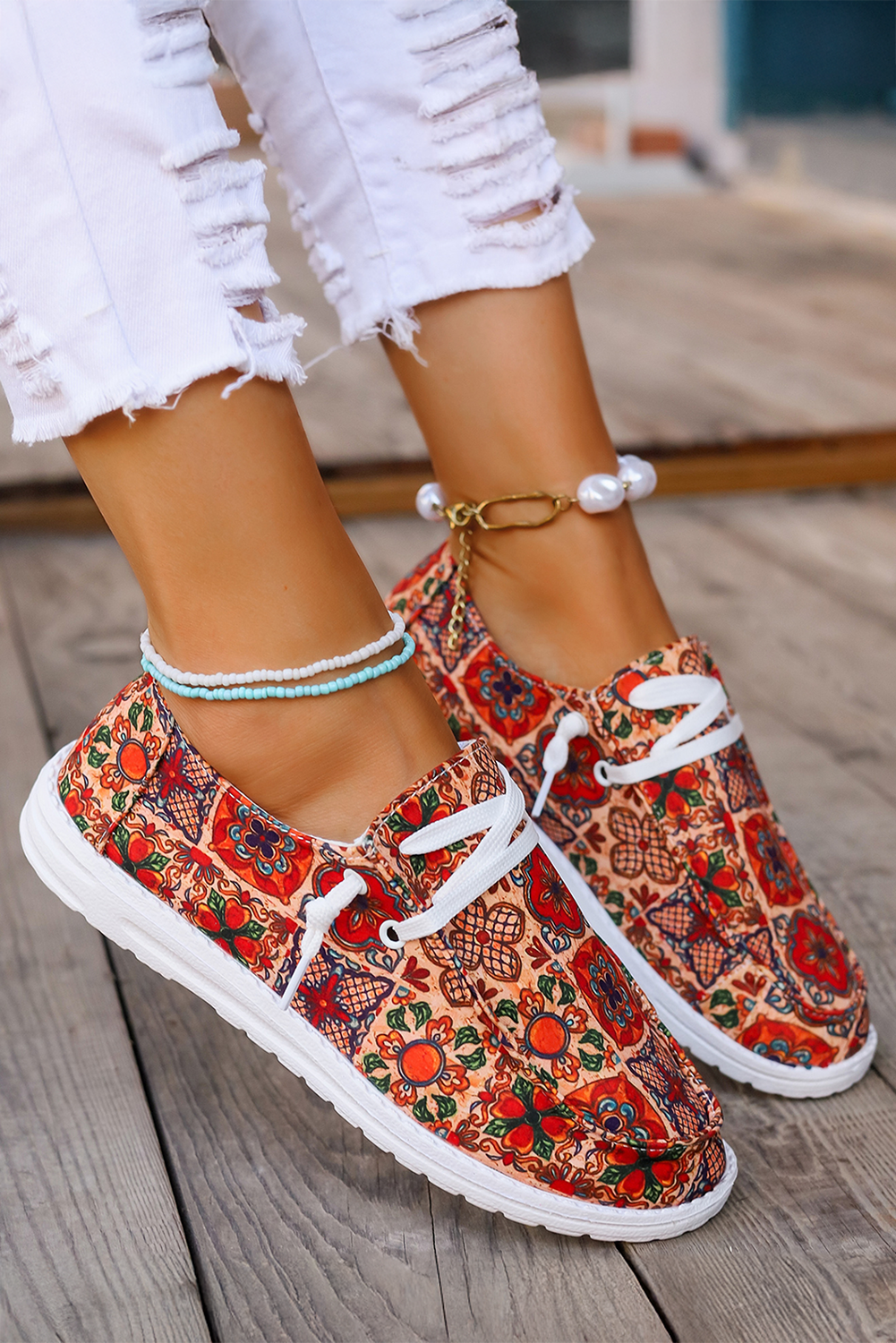 Fiery Red Western Printed Lacing Flat Slip-On Shoes
