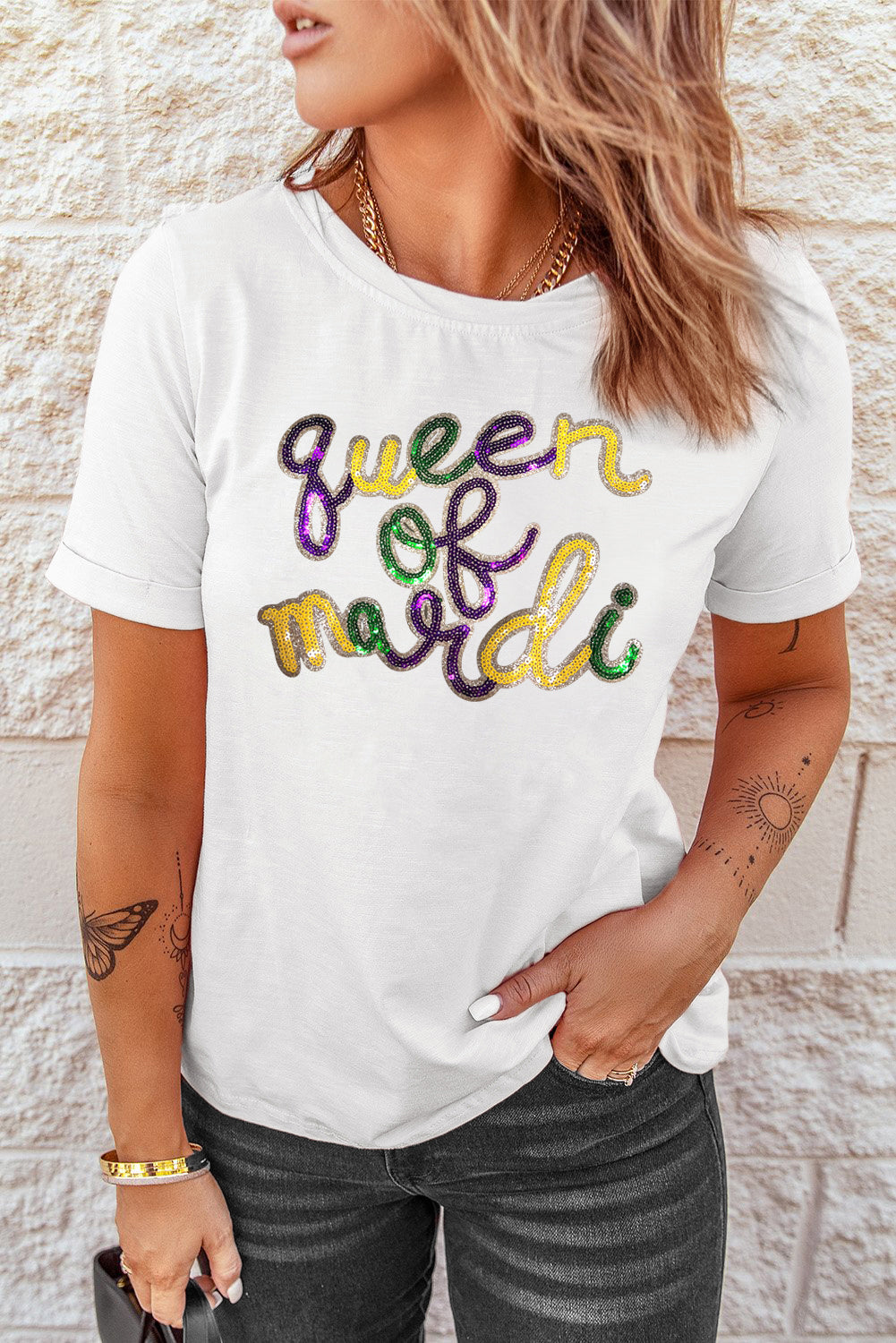 White queen of mardi Sequin Letter Graphic T-Shirt