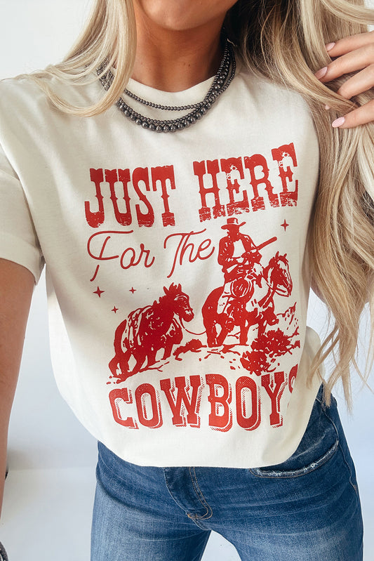 White JUST HERE For THE COWBOY Cuffed Sleeve Crew Neck T-Shirt