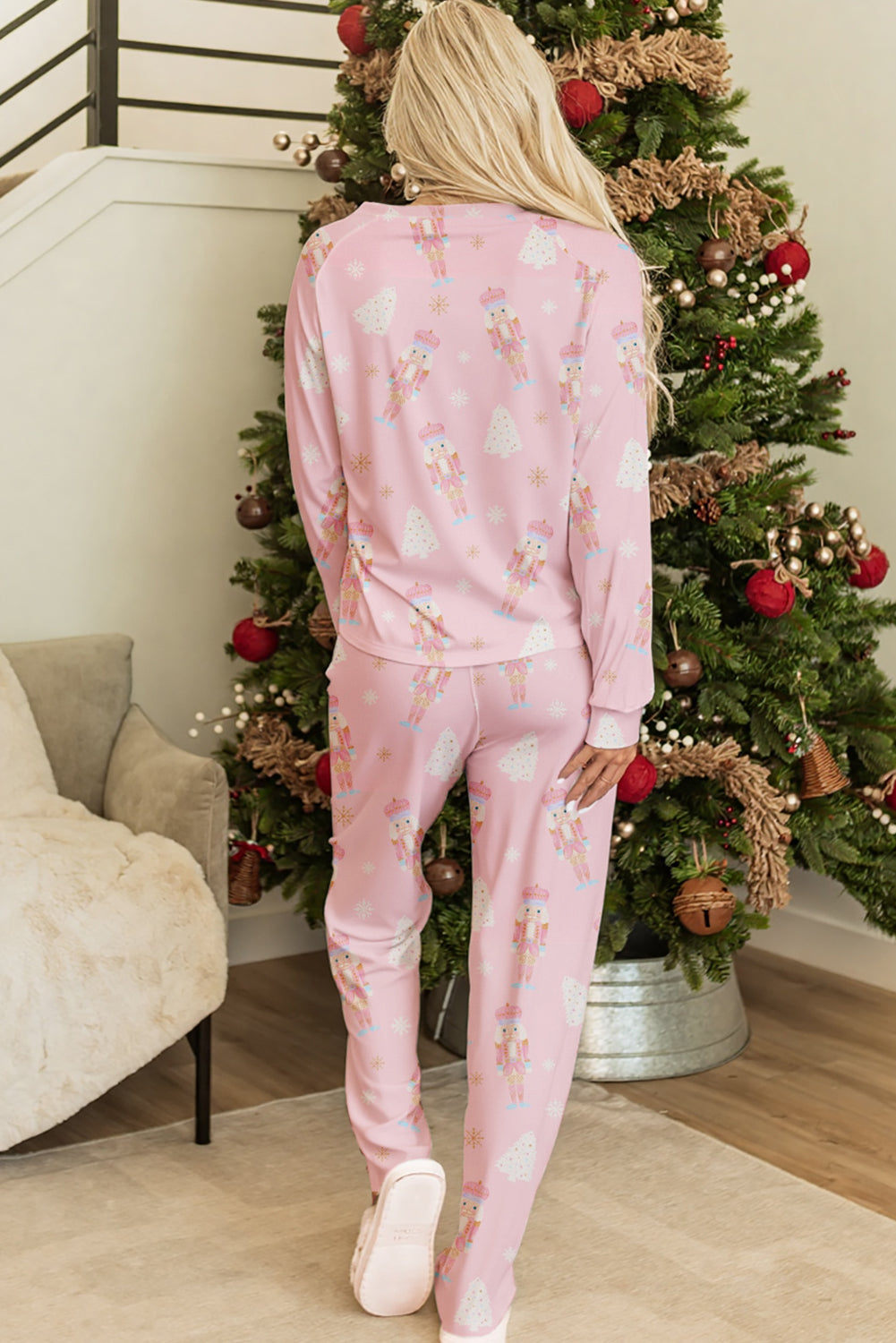 Pink Christmas Tree Nutcracker Print Lounge Pant Set