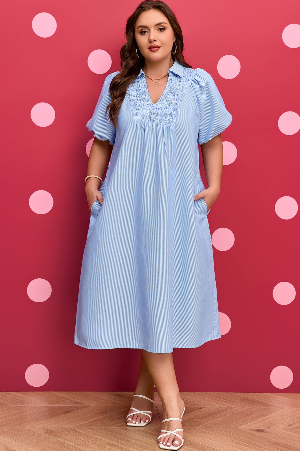 Sky Blue Stripe Shirred Detail Collar V-Neck Plus Size Midi Dress