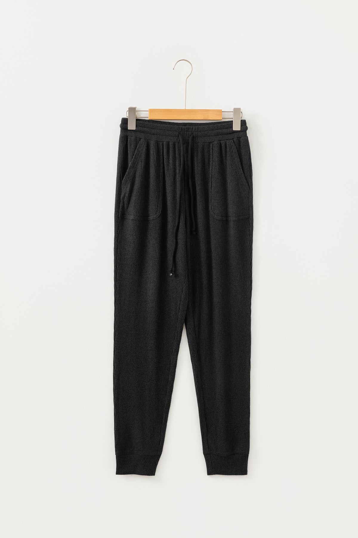 Black Ribbed Drawstring Active Jogger Pants
