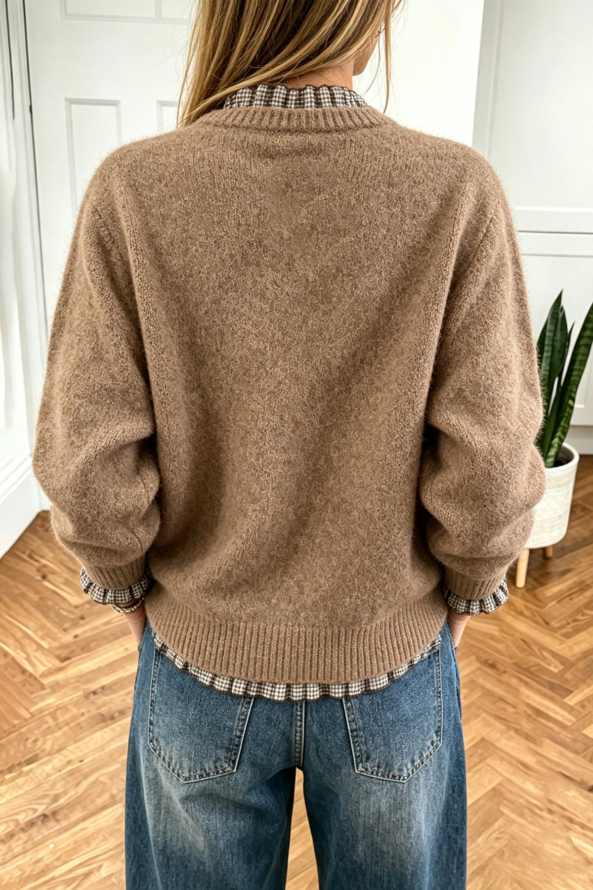 Vineyard Green Plaid Ruffle Trim Pullover Sweater