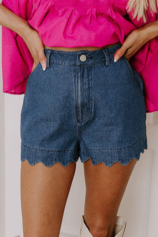 Sail Blue Scalloped Hemline Acid Wash High Waist Denim Shorts