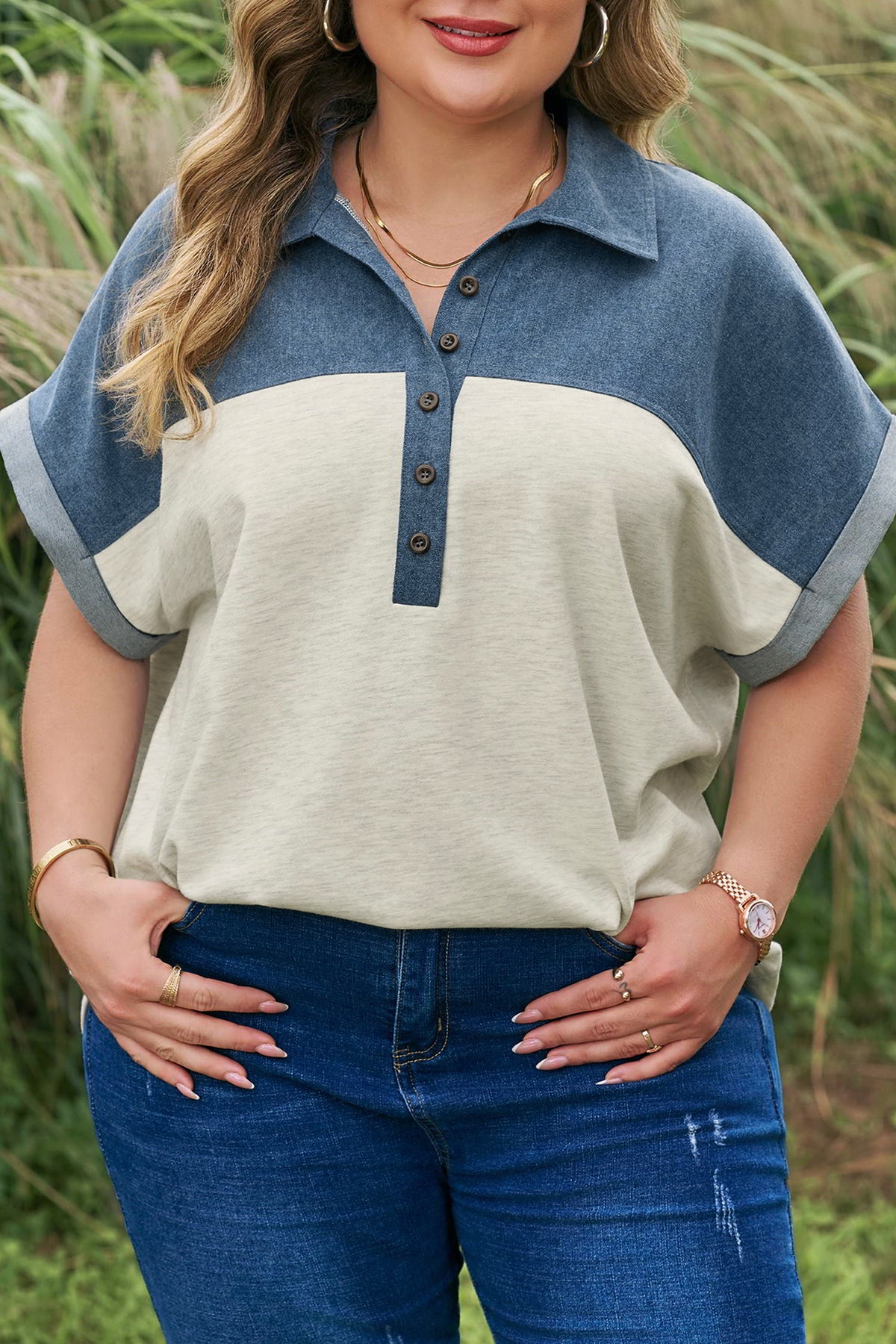 Light Grey Half Buttons Collared Denim Patchwork Plus Short-Sleeve Top