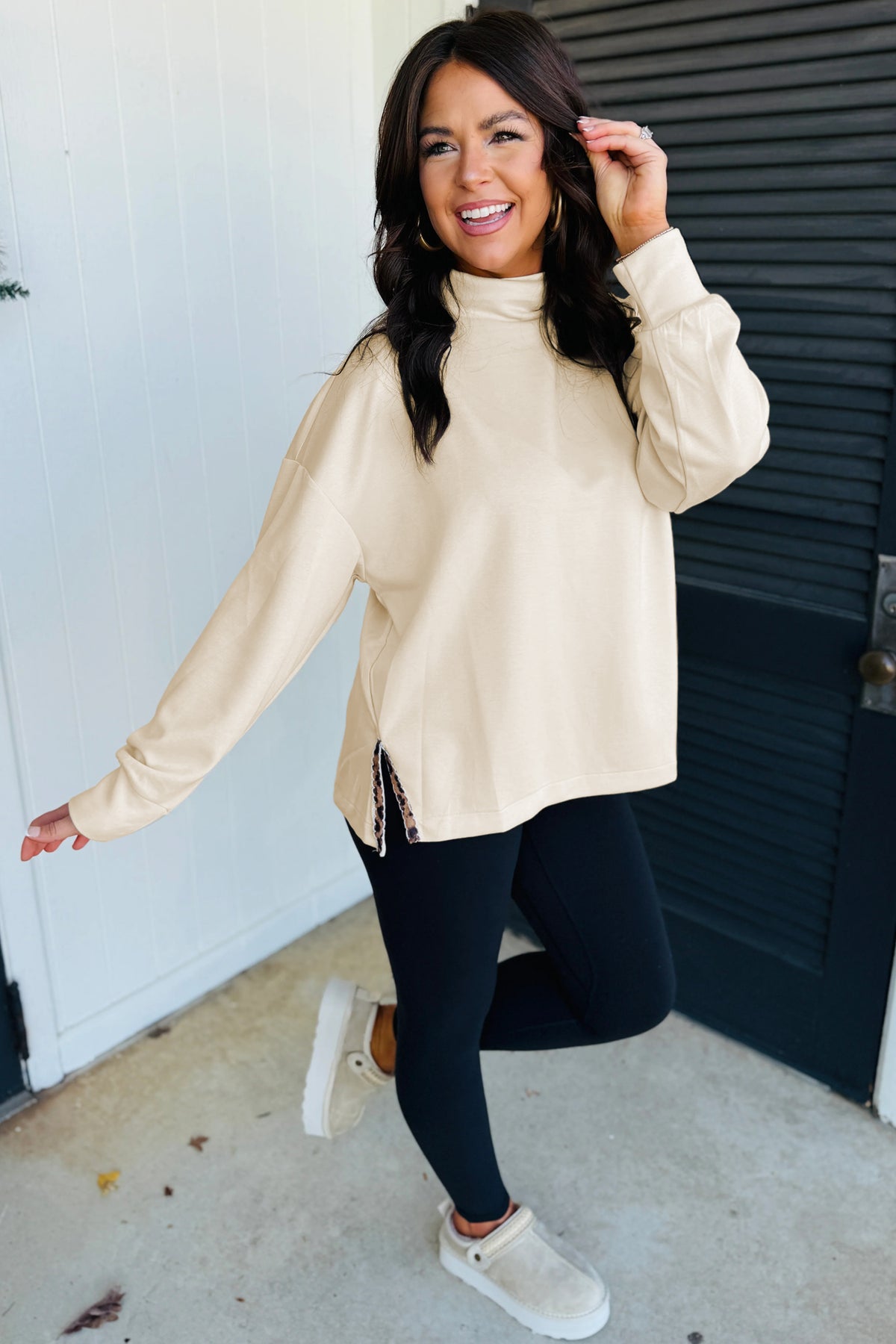 Beige Mock Neck Long Sleeve Leopard Split Hem Top