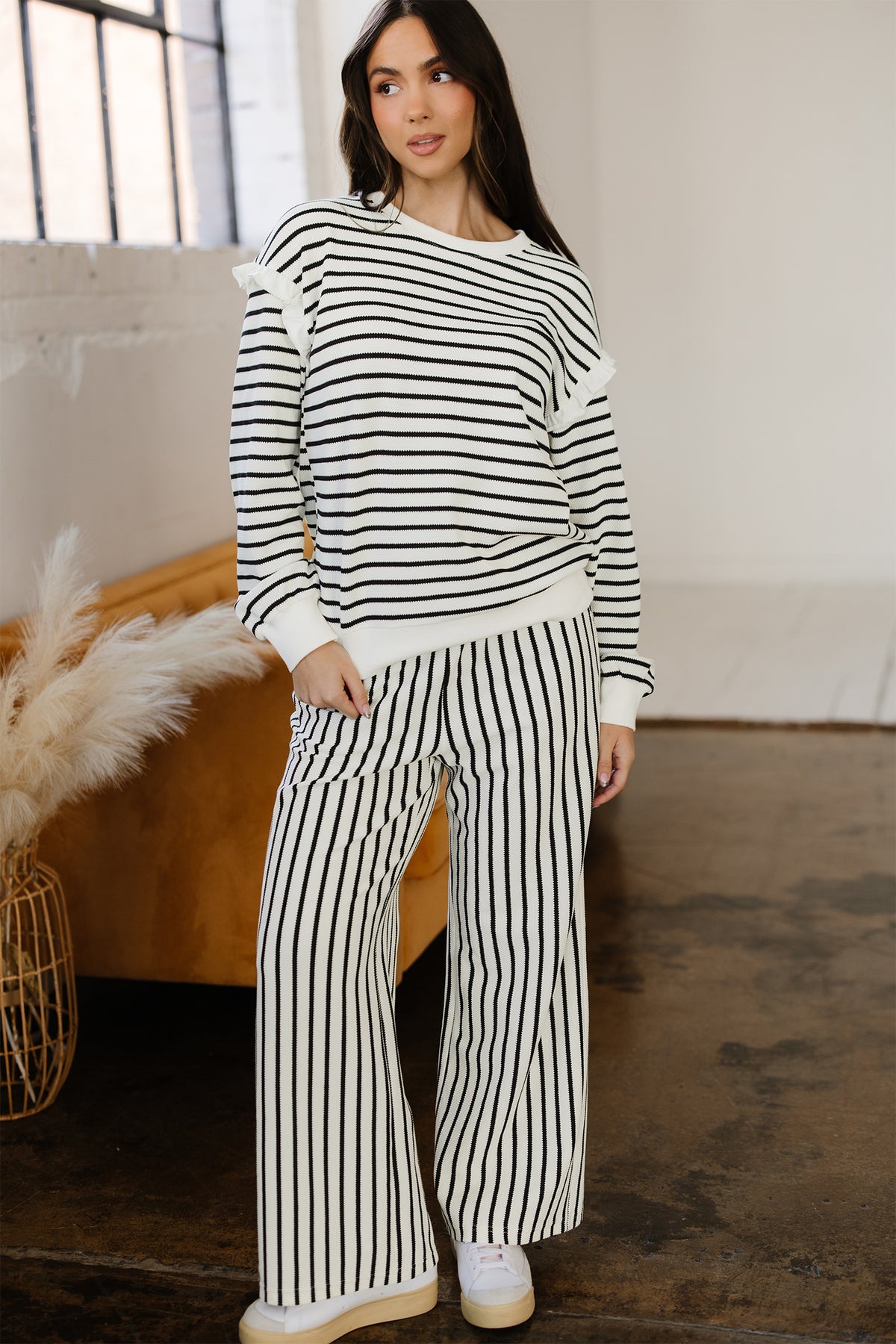 Women's White Stripe Ruffle Trim Drop Shoulder Top & Pants Two-Piece Set