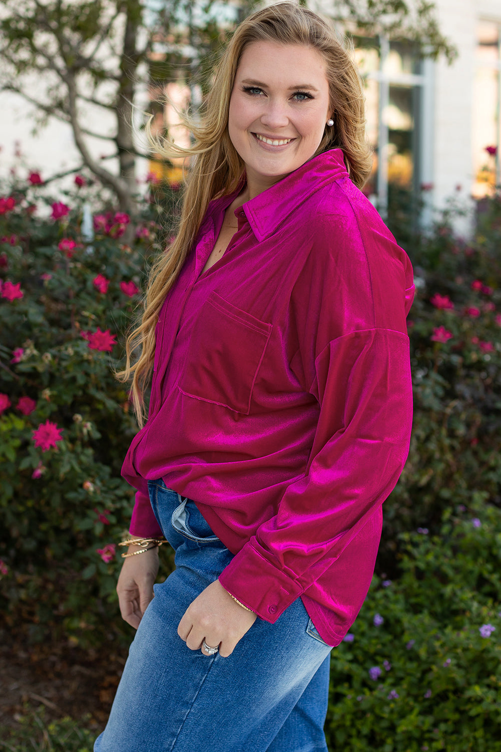 Bright Pink Plus Size Velvet Chest Pocket Drop-Shoulder Shirt