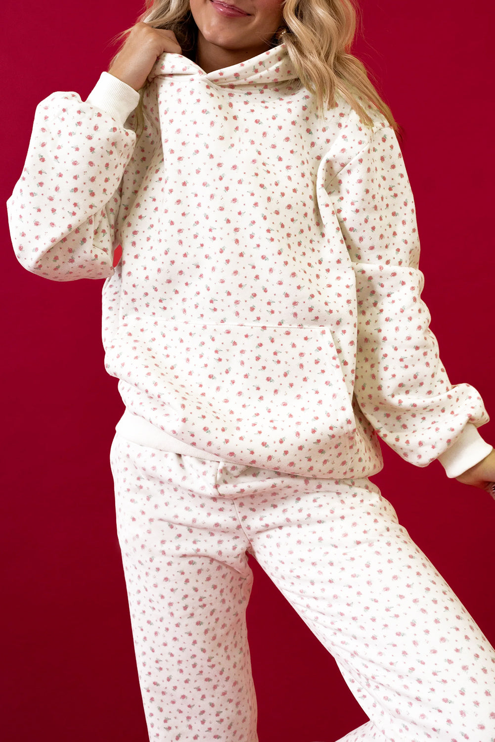 Women's Pink Floral Print Kangaroo Pocket Hoodie Sheath Sweatpants Set