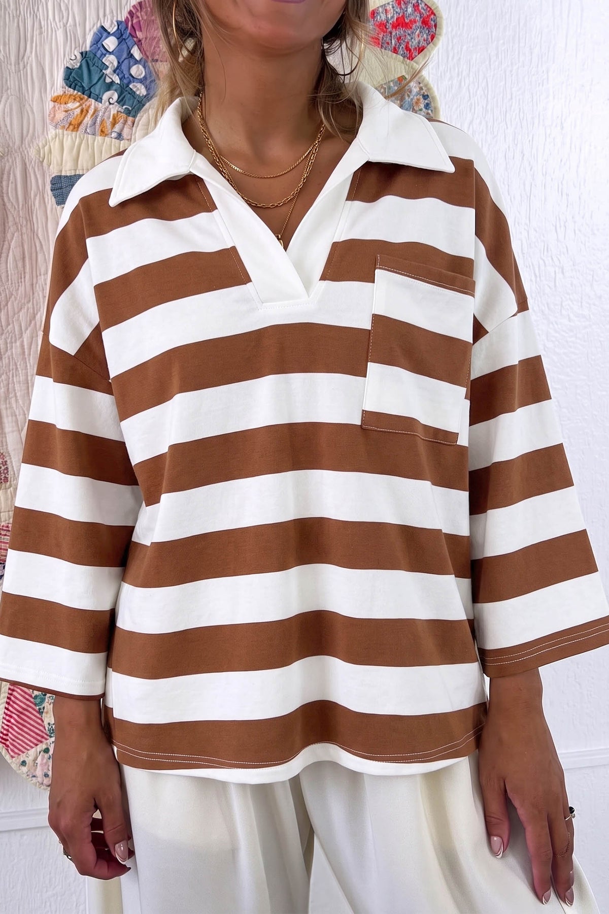 Brown Stripe Contrast Collar Oversized Top