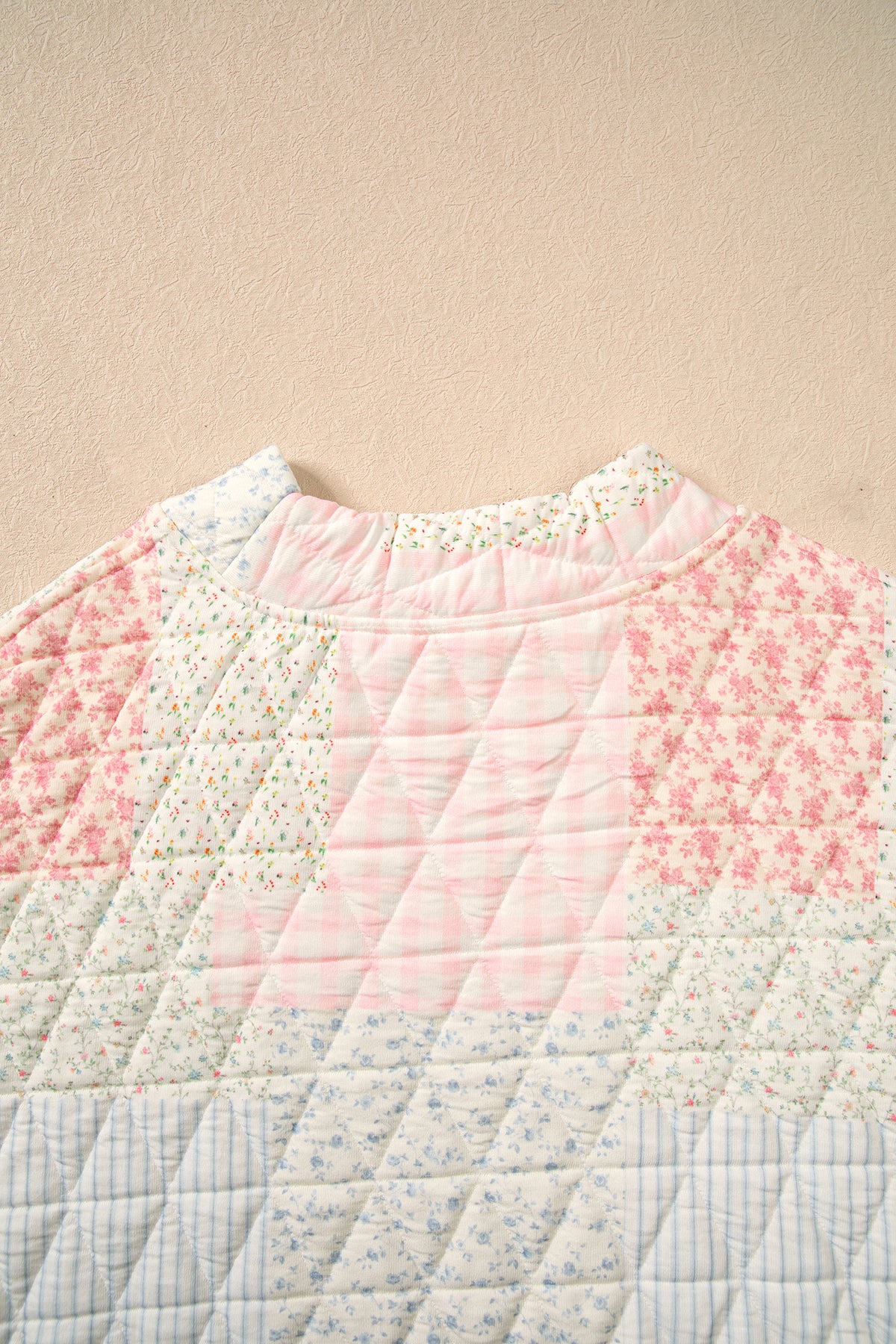 Multicolour Floral Patchwork Quilted Mock Neck Long Sleeve Top