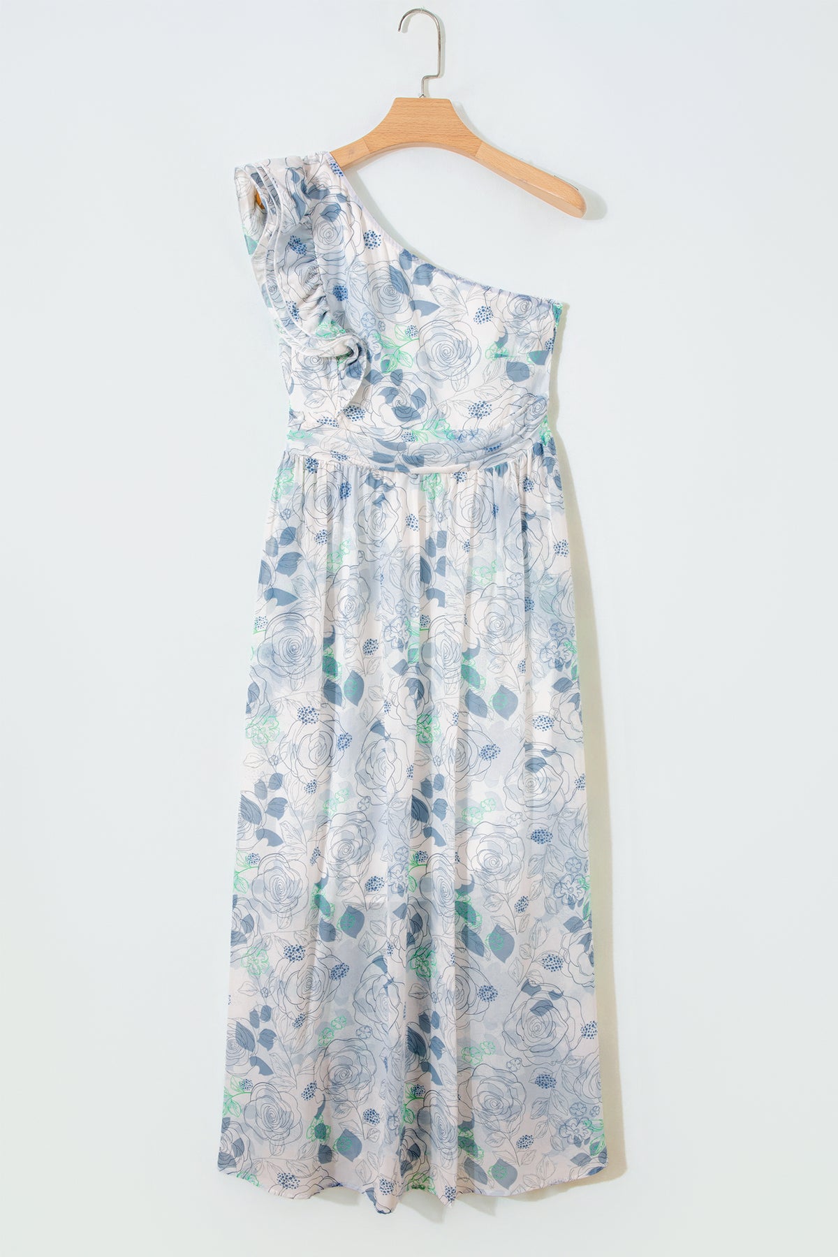 Blue Floral Ruffle One-Shoulder Maxi Dress