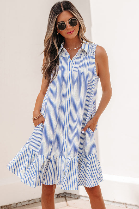 Sky Blue Stripe Shirt Collar Shirred Ruffle Hem Sleeveless Dress