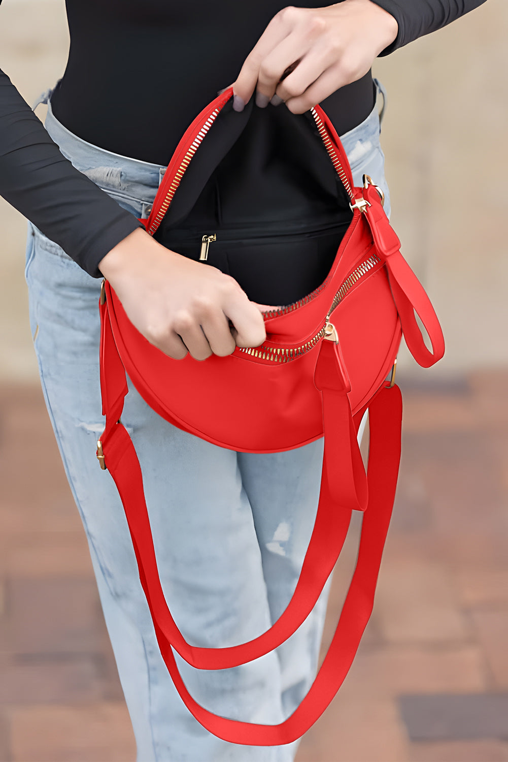Fiery Red Double Zip Crescent Shape Adjustable Sling Bag