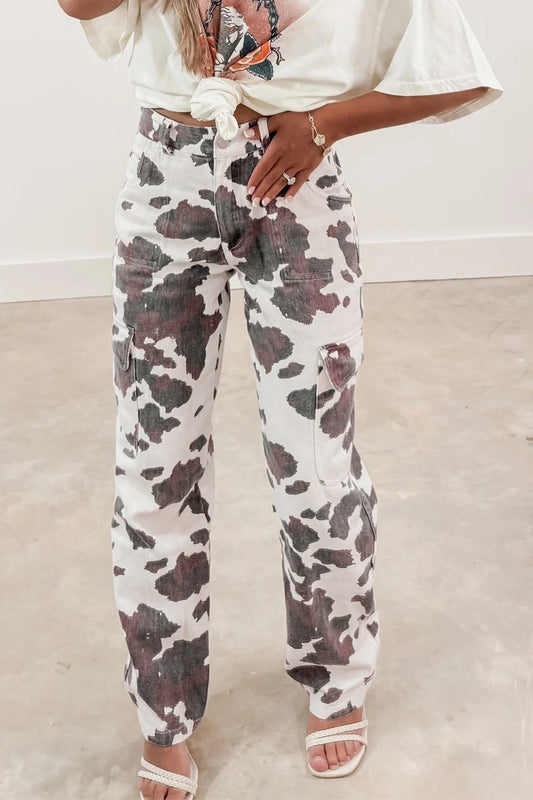 Brown Cow Spots Printed Multi Pocketed Jeans
