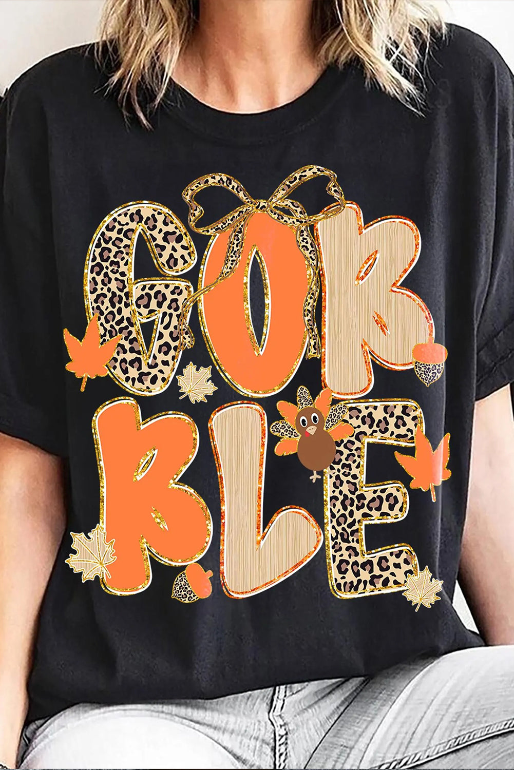 Black GOBBLE Leopard Letter Print Turkey Bow Graphic T-Shirt