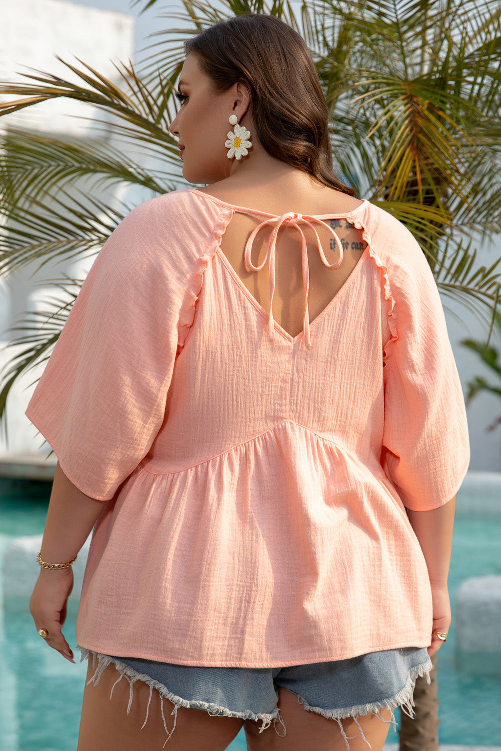 Apricot Pink Plus Size Textured Wide Short-Sleeve Babydoll Blouse