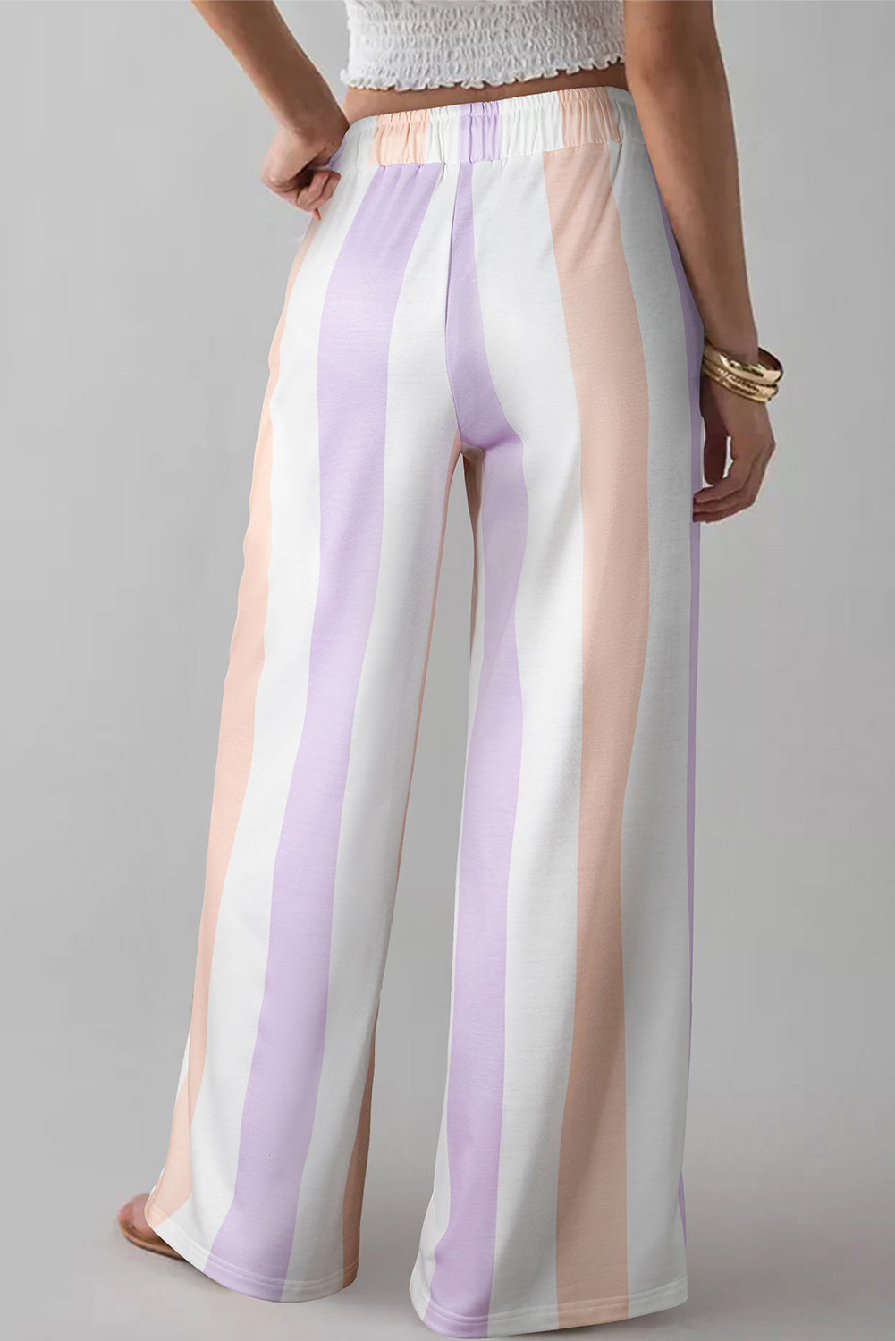 Purple Stripe Multicolored Print Drawstring Pants with Side Pockets
