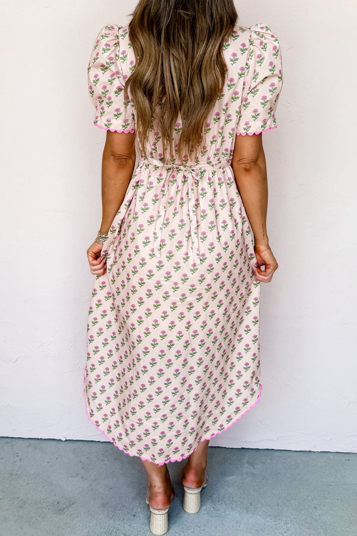 Pink Floral Print V Neck Scallop Trim Short Sleeve Long Dress