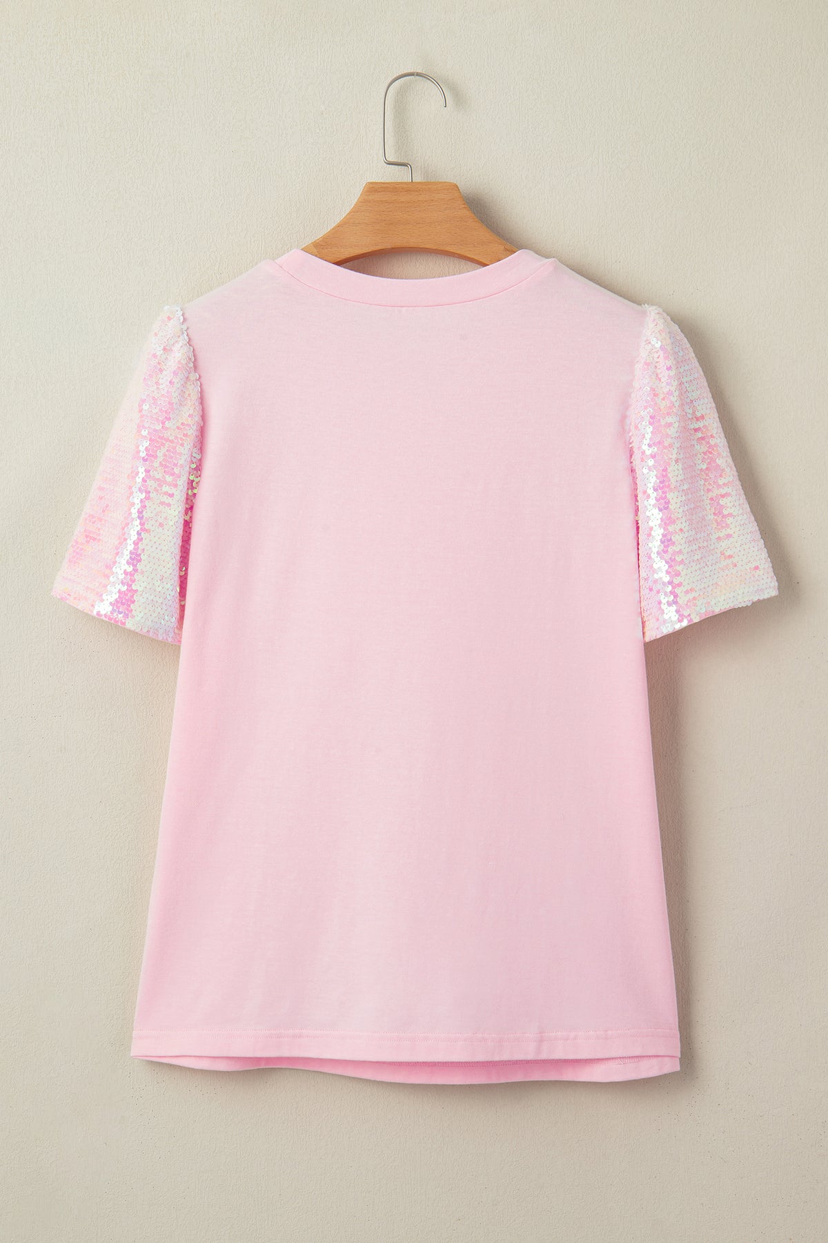 Light Pink Three Hearts Sequin Trim Contrast Sleeve Patchwork Tee