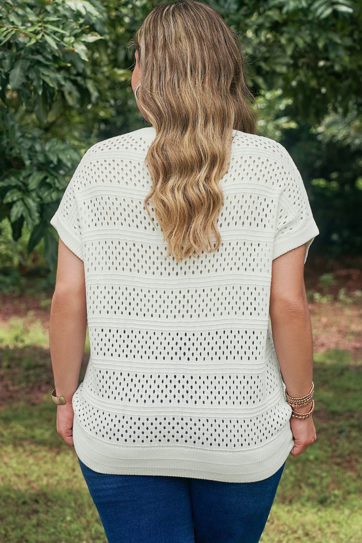 White Plus Size Eyelet Hollow Out Knit Ribbed Trim Short-Sleeve Dolman Sweater