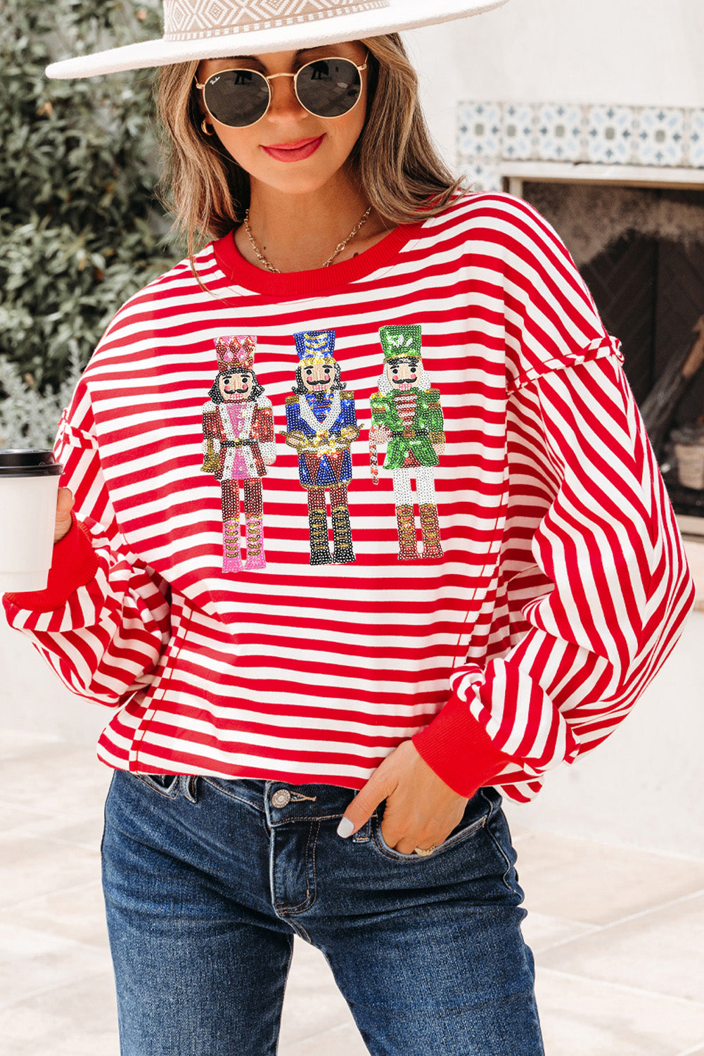 Red Stripe Christmas Nutcracker Sequin Patched Drop Shoulder Top