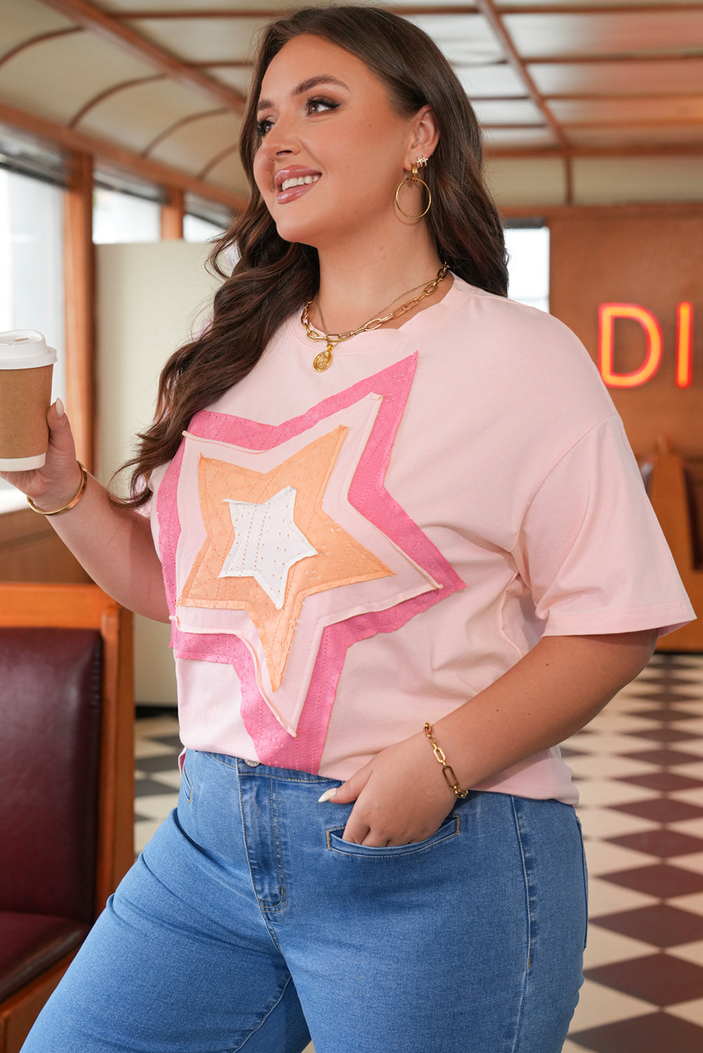 Light Pink Eyelet Lace Star Applique Plus Size T-Shirt