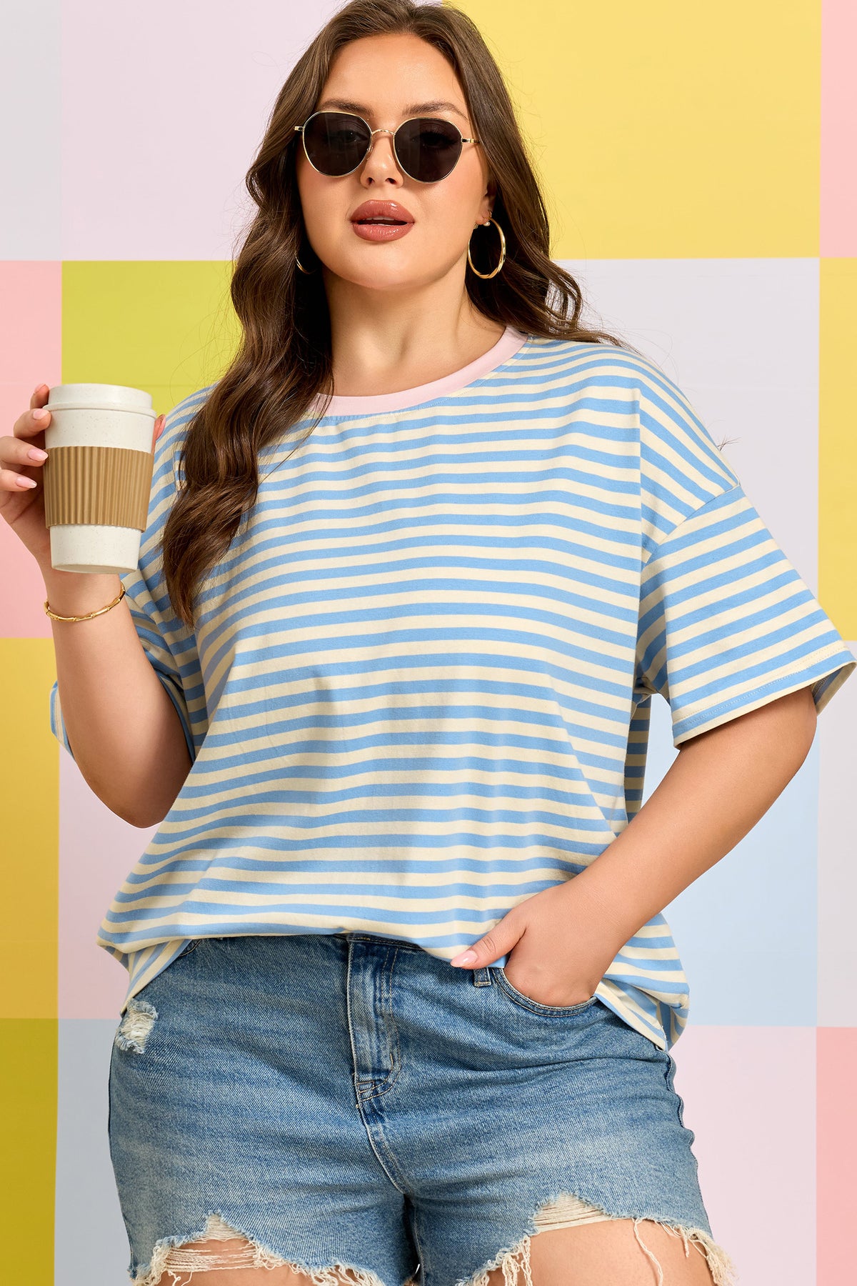 Sky Blue Stripe Plus Size Drop-Shoulder Contrast Trim Round-Neck Tee