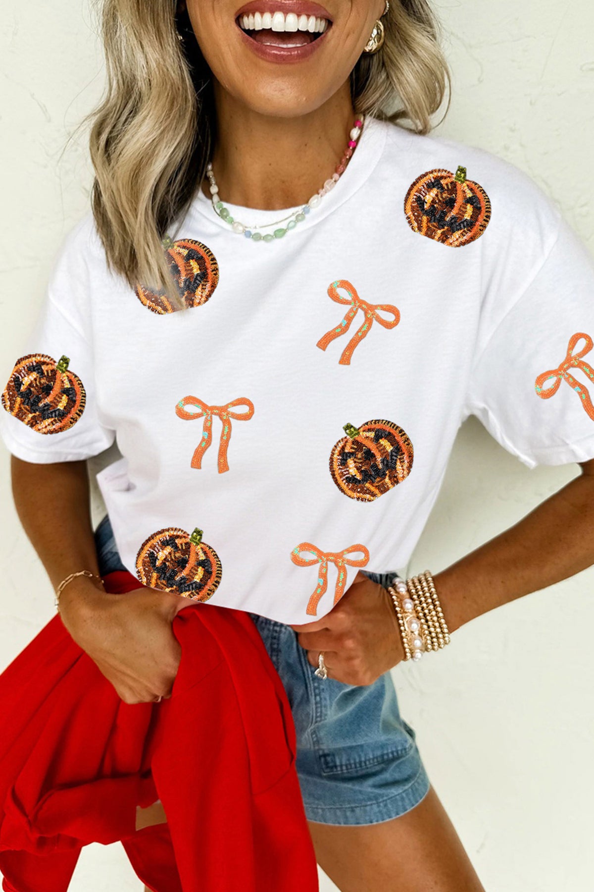 White Sequin Pumpkin Face Bow Halloween Graphic T-Shirt