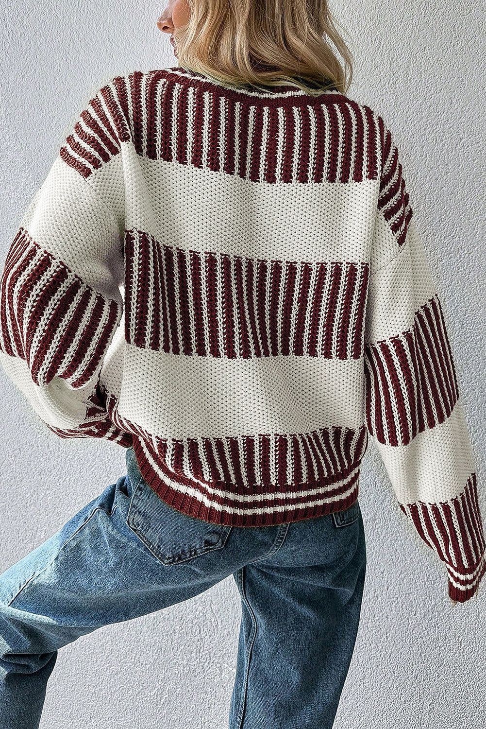 Khaki Two Tone Striped Patchwork Drop Shoulder Loose Sweater