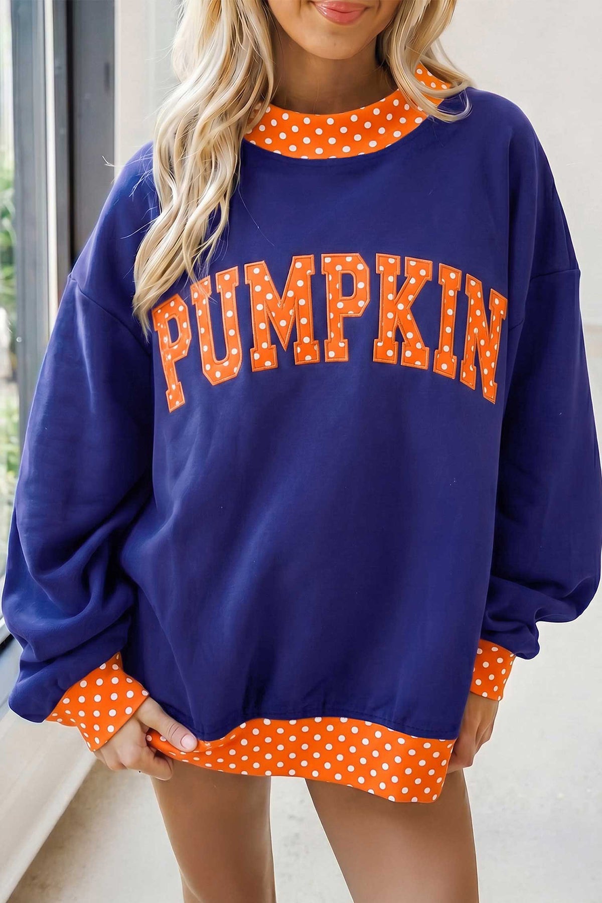 Dirty blue Polka Dot Letter Print Mock Neck Sweatshirt