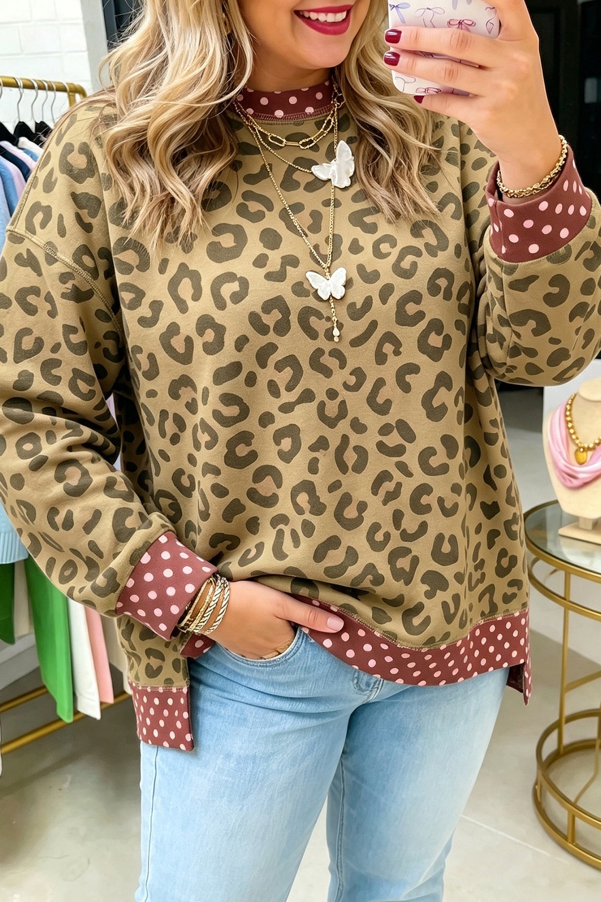 Khaki Plus Size Leopard Print Contrast Polka Dot Trim Long-Sleeve Top