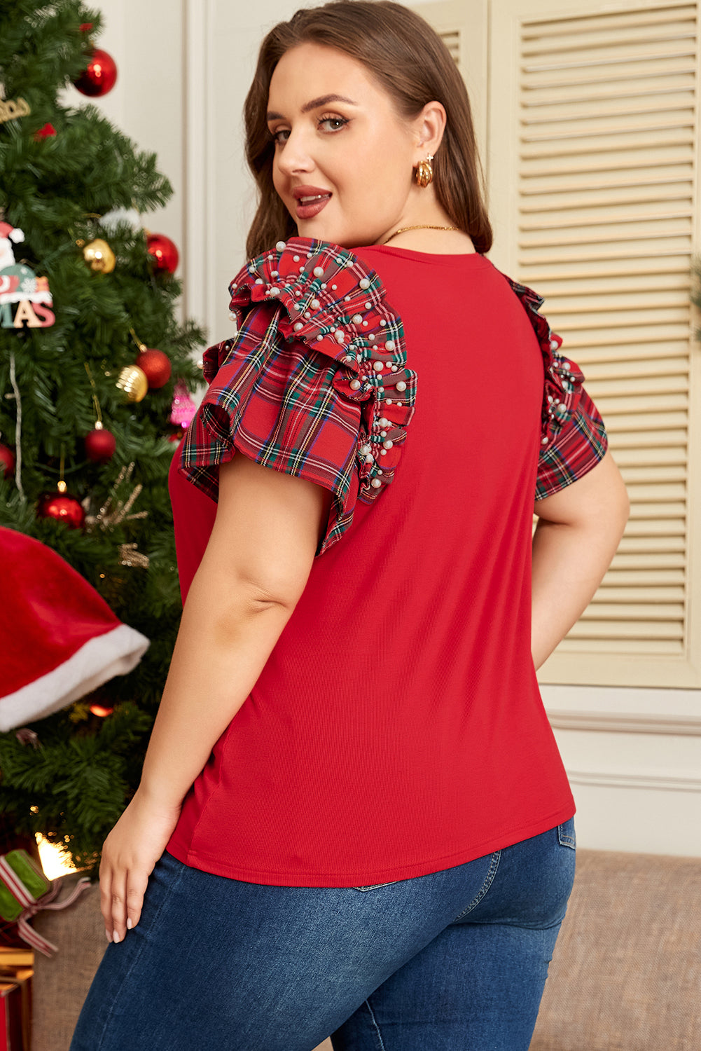 Racing Red Plaid Pearl Ruffled Short-Sleeve Knitted Christmas Holiday Plus Size T-shirt