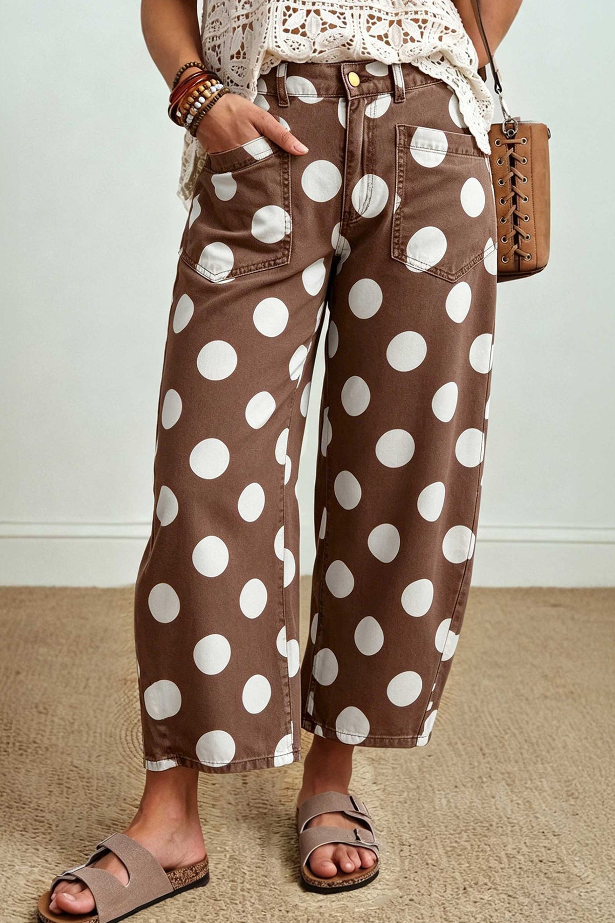 White Polka Dot Ankle Length Barrel Jeans