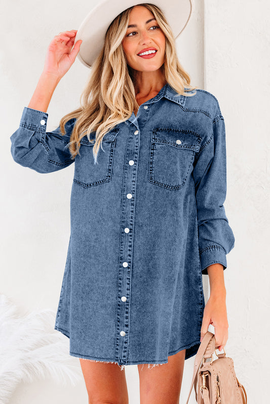 Blue Beau Chest Pocket Raw Hem Denim Loose Shirt Dress