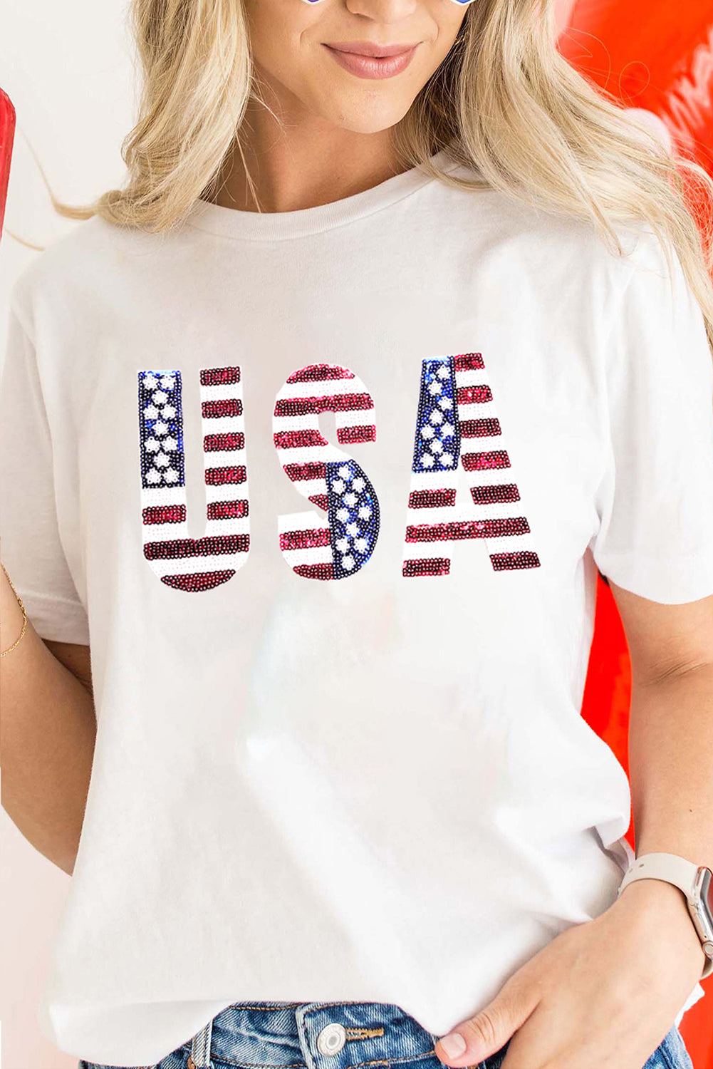 White USA Flag Sequin Patched Round Neck T-Shirt