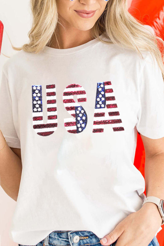 White USA Flag Sequin Patched Round Neck T-Shirt