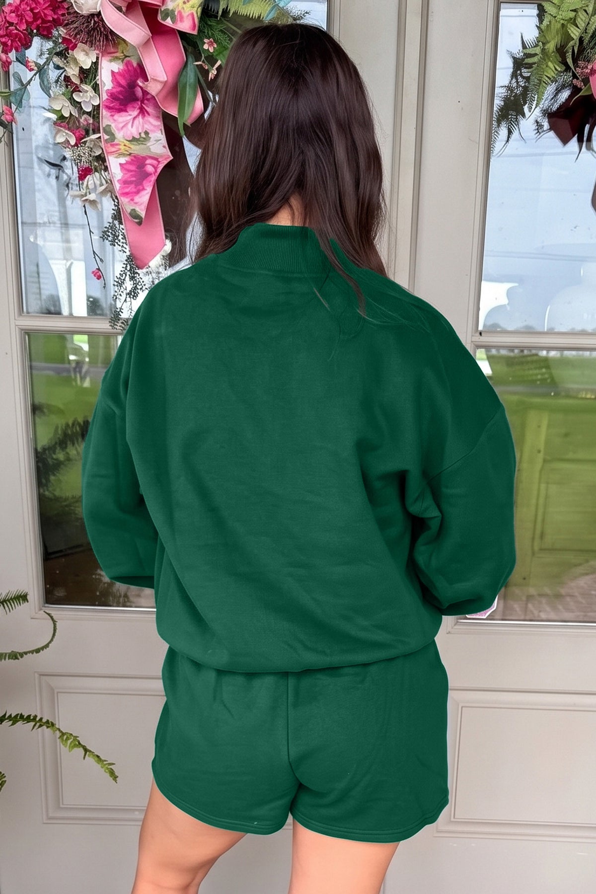 Women's Dark Green Christmas Slogan Print Mock Neck Pullover and Shorts Set